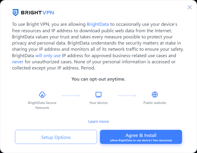 Bright VPNが収集するデータはインストール時にも表示されます