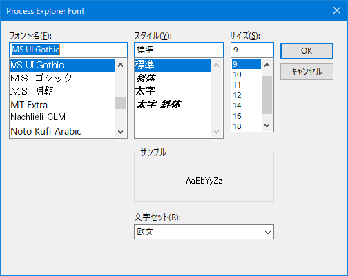 Process Explorer Font設定ダイアログ