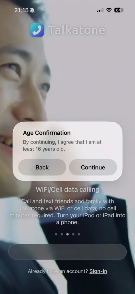 Talkatone年齢確認画面