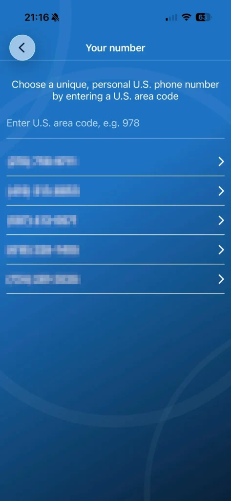 使用するアメリカの電話番号を選択する画面#2