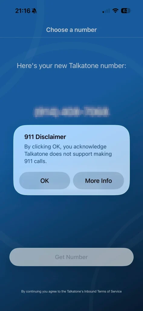 Talkatoneの免責事項ダイアログ